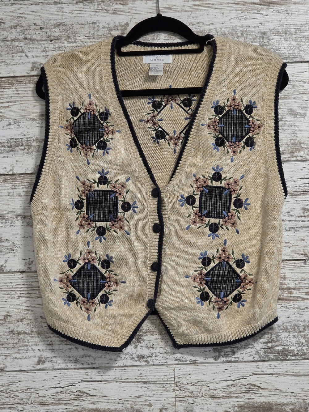 Christopher & Banks Beige Knit Vest with Navy Trim and Floral Embroidery